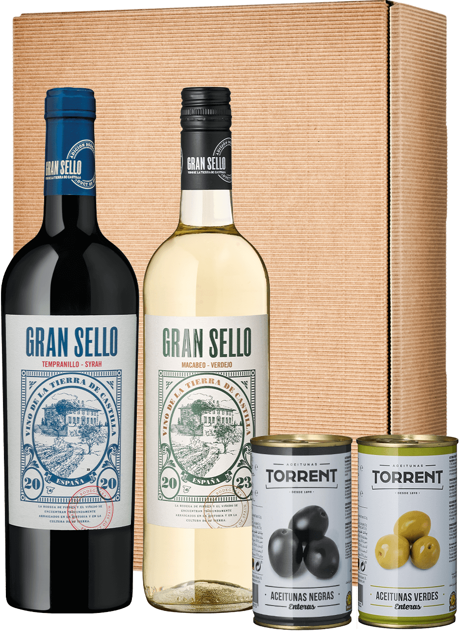 Viva España Wein Geschenkset mit Rot-, Weißwein und Oliven.