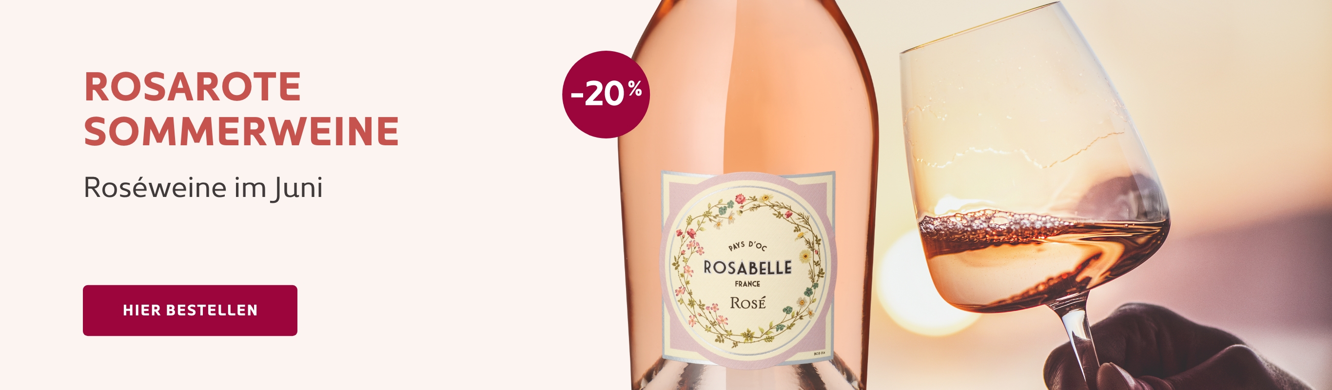 Roséwein Flasche und Glas, 20% Rabatt, Sommerweine
