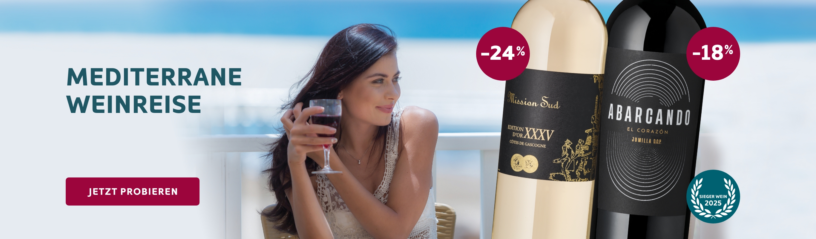 Mediterrane Weinreise, Frau trinkt Wein, Angebote entdecken