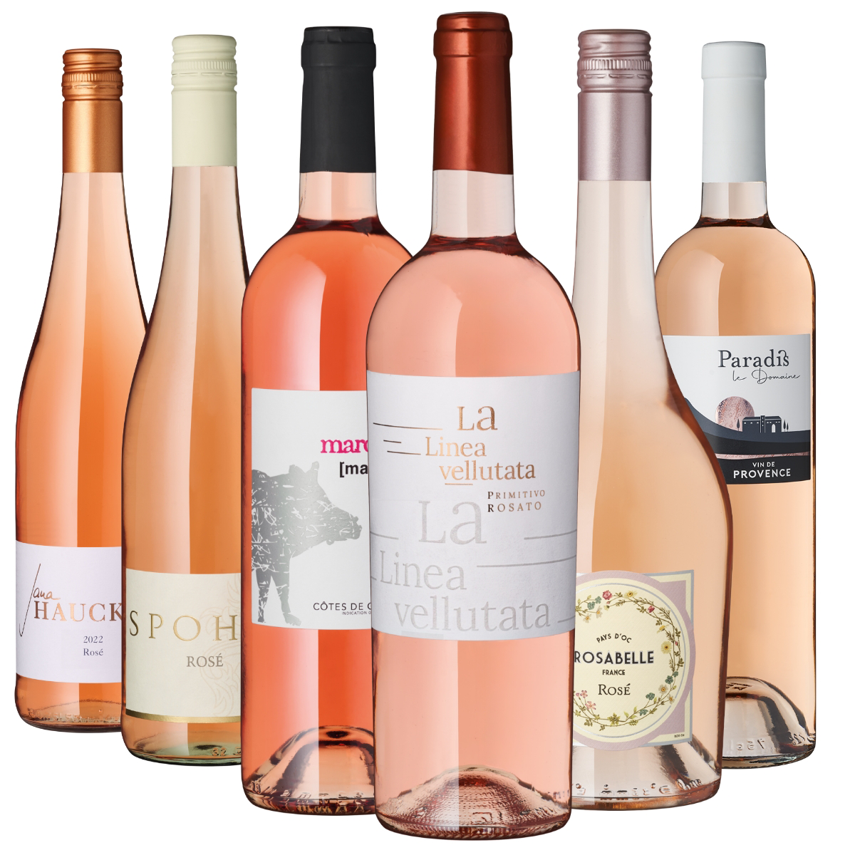 Rosige Rebellen Auswahl an Roséweinen, verschiedene Marken und Flaschen