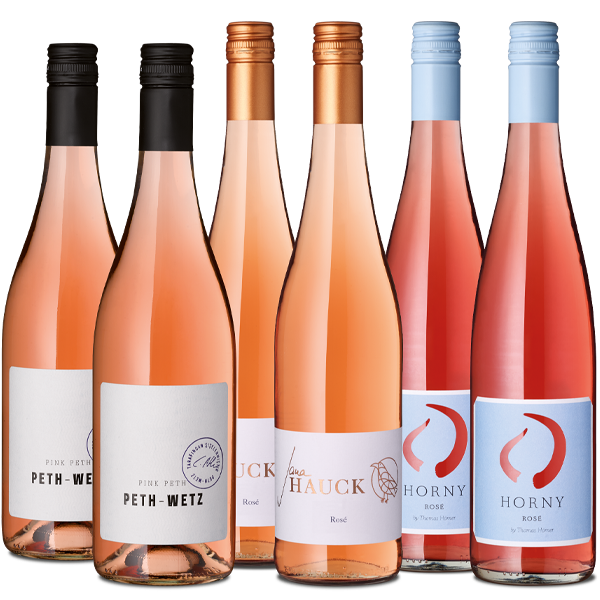 Sechs Flaschen Roséwein, verschiedene Etiketten, Wein-Geschenkbox.