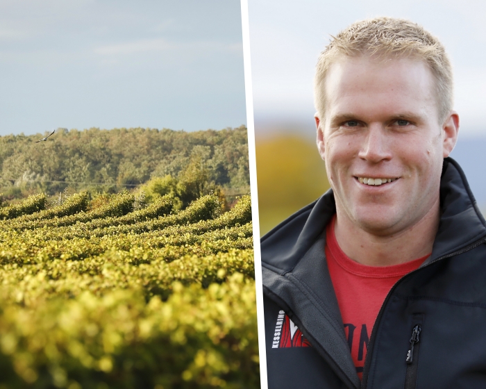 Winzer neben Weinberg, Weinanbau und Weinproduktion