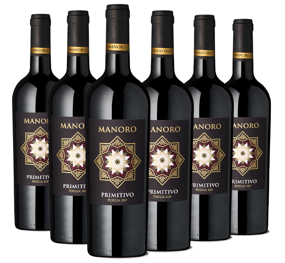 Sechs Flaschen Manoro Primitivo Wein aus Puglia