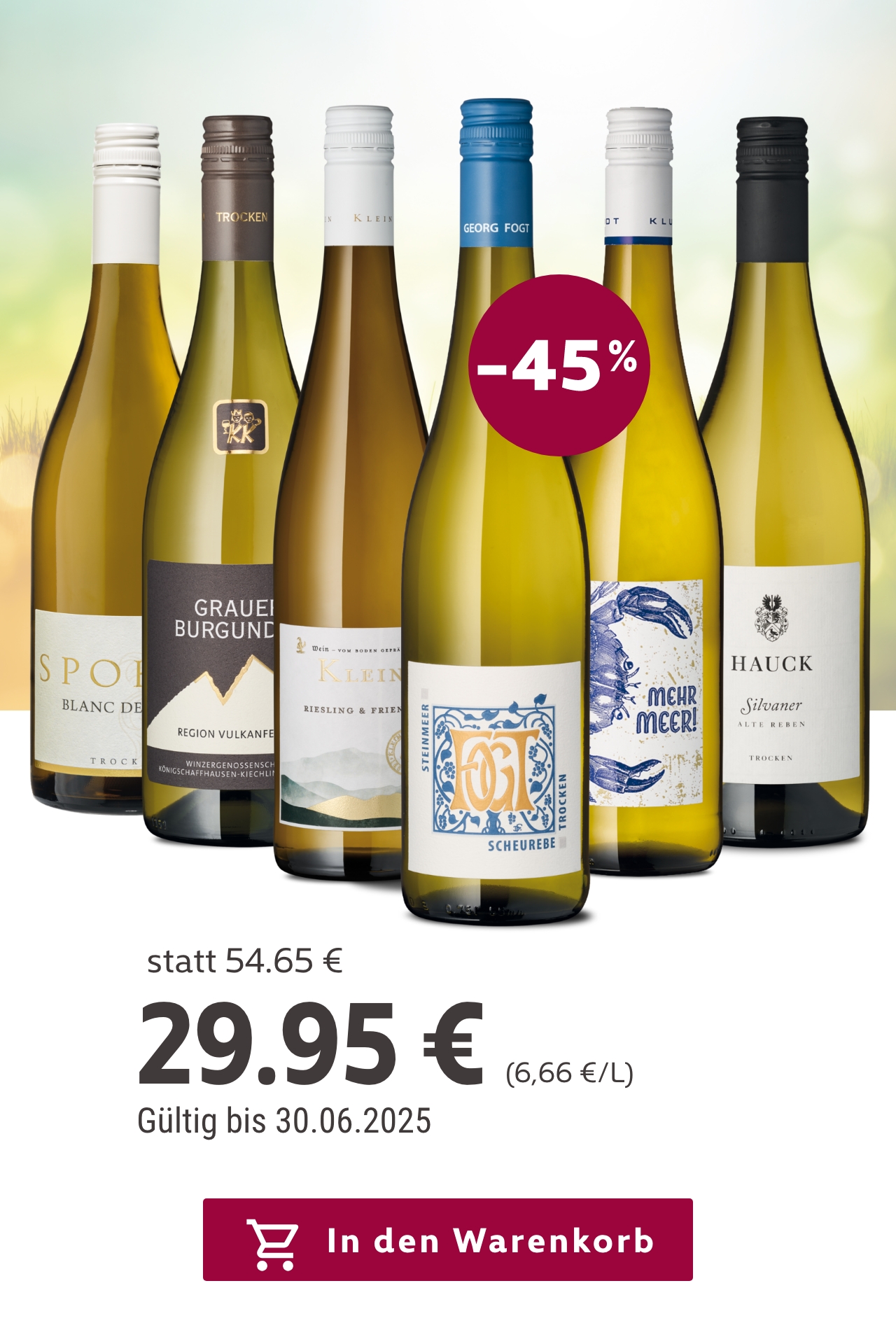 Weinangebot: Verschiedene Weißweine im Angebot, 45% Rabatt.