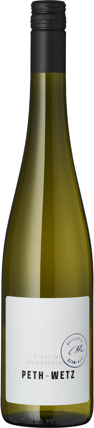 Riesling "Hungerbiene" Peth-Wetz Riesling, Flasche Wein, Nahaufnahme, weißes Etikett