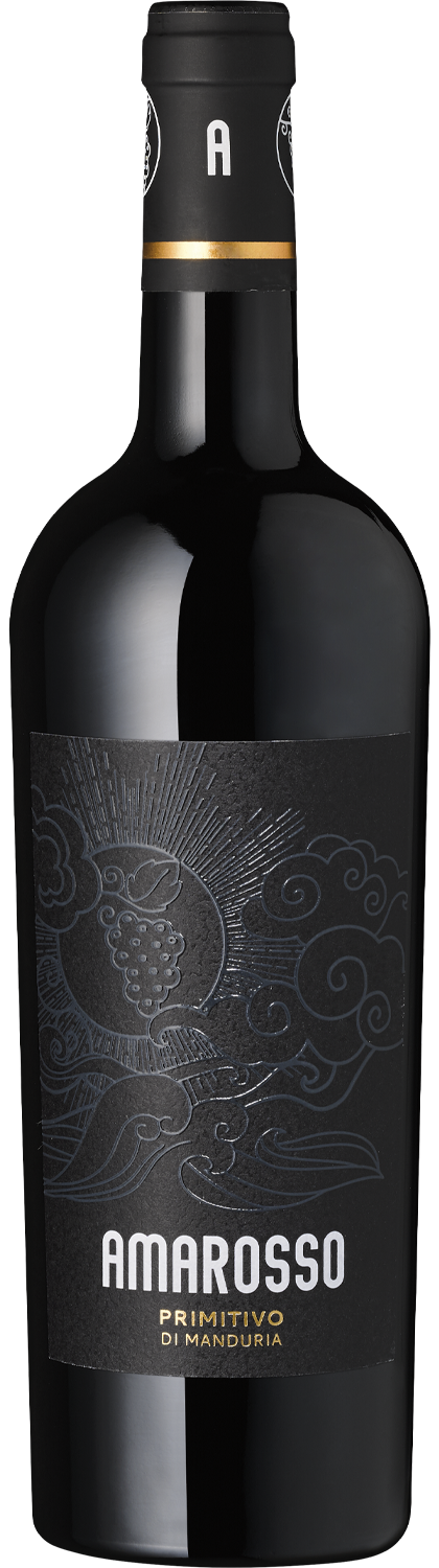 "Amarosso" Primitivo di Manduria Amarosso Primitivo di Manduria Wein, schwarze Flasche, Label