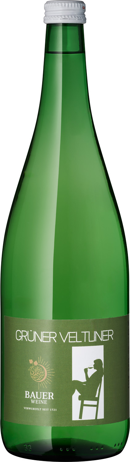 Grüner Veltliner, 1 Liter Grüner Veltliner Wein, Bauer Weine, grüne Flasche, trocken