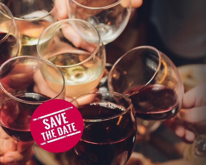 After-Work-Shopping Weinprobe-Ankündigung: Save the Date, Glas Wein