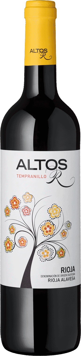 'R' Tempranillo Altos R Tempranillo Rioja Weinflasche mit farbenfrohen Blumen